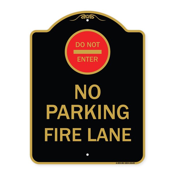 Do Not Enter No Parking Fire Lane W/ Graphic, Black & Gold Aluminum Sign, 18" x 24", BG-1824-24149